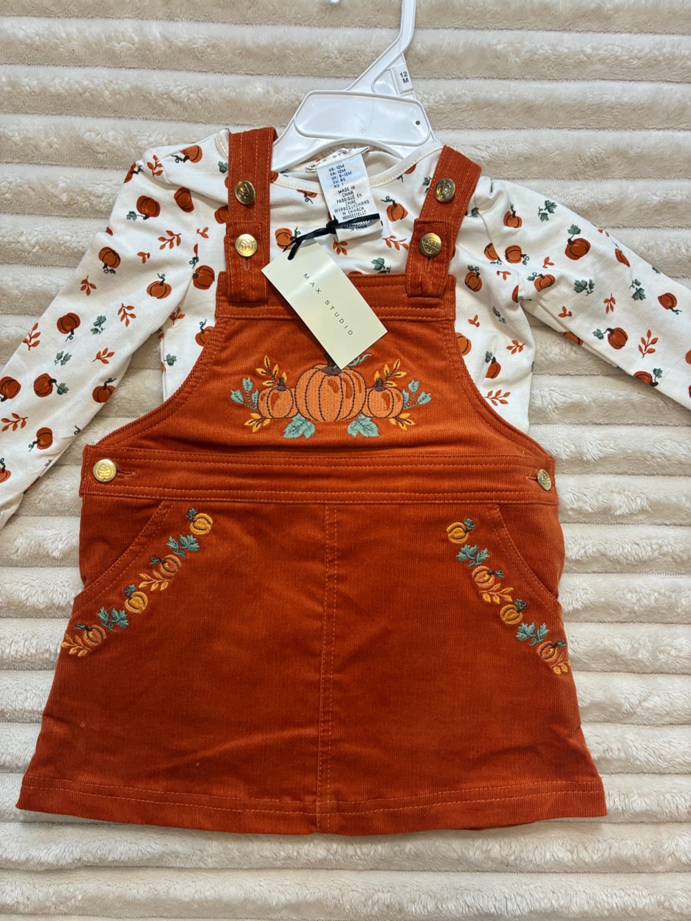 Max Studio Baby Girls 12M Pumpkin Corduroy Overall Skirt Set NWT Fall